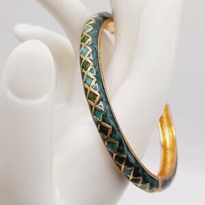 Vintage Green Enamel & Gold Tone Hinged Bangle Bracelet, 7¼” Inner Circumference